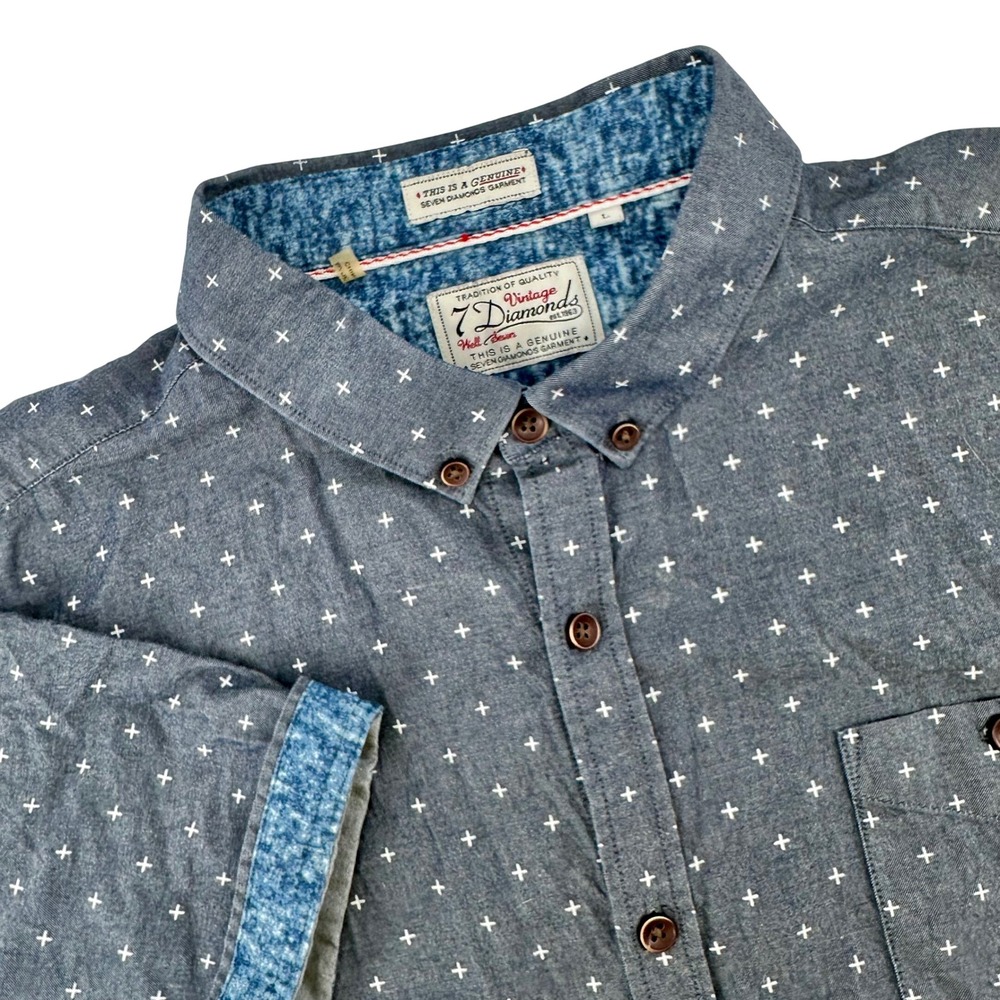 7 Diamonds Vintage Mens Blue Cross Print Short Sleeve Button Down Shirt Large